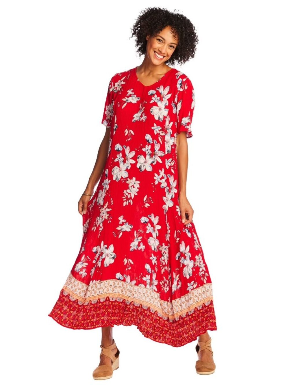 Woman Within Red Mixed Floral Print Maxi Long Dress Rayon Size 30/32 3X 4X 5X